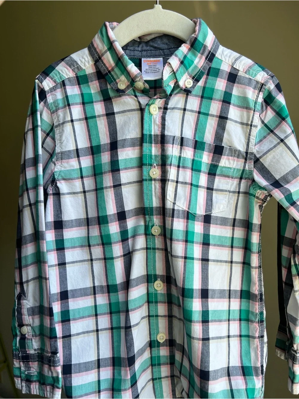 Gymboree Youth size 4 Green, Pink & Navy Plaid Button-Down Shirt 100% Cotton